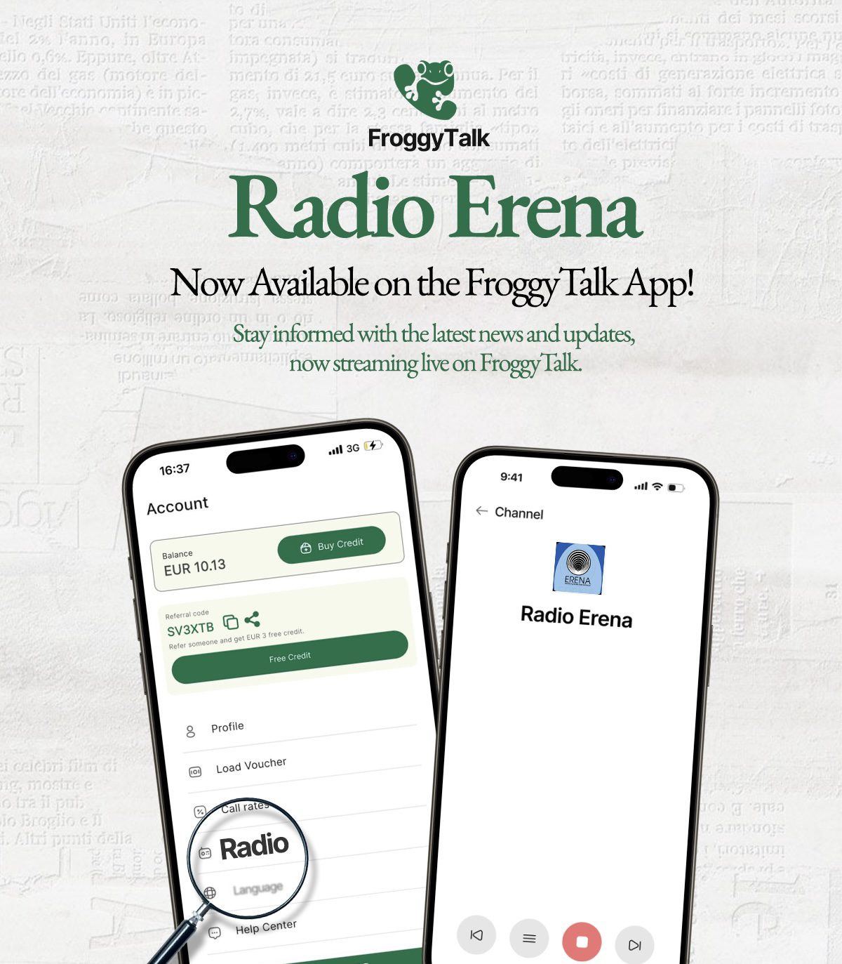 Screenshot Interface of Radio Erena on FroggyTalk Calling App