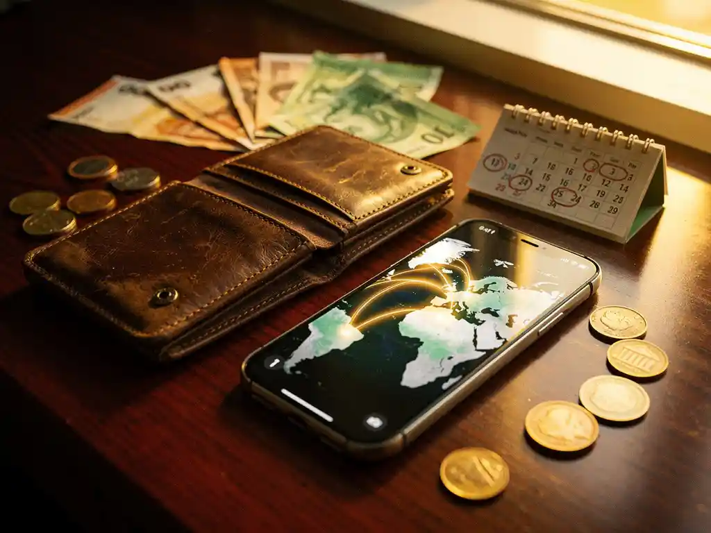 Worn leather wallet open on a wooden desk beside a smartphone showing Africa-to-Europe money transfer routes, surrounded by foreign currency notes and a calendar with circled dates.