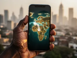 Weathered hand holding a smartphone displaying a glowing map route connecting Africa and Europe at golden hour.