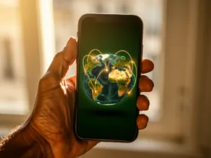 Weathered hand holding smartphone displaying glowing globe with call arcs connecting Africa and Europe in golden afternoon light.