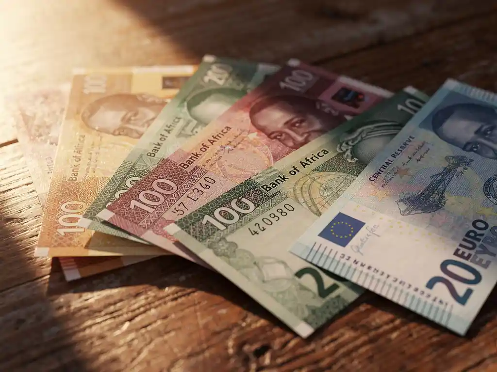 Colorful African banknotes fanned out on wood with a euro note overlapping, photographed in warm golden-hour light.