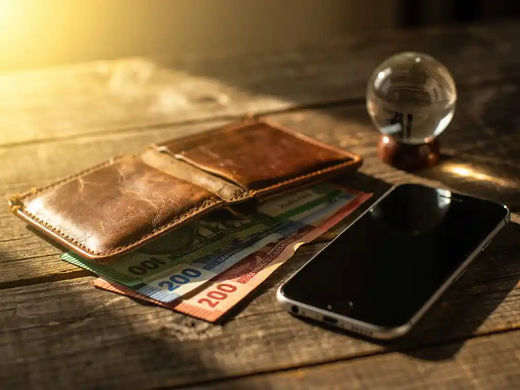 Worn leather wallet open on weathered wood beside fanned African banknotes, smartphone, and globe paperweight in warm afternoon light.