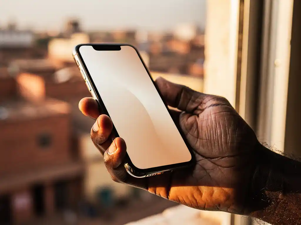 Weathered hand holding a modern smartphone with an African cityscape softly blurred in the background, bathed in warm golden window light.