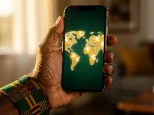 Weathered hand with kente fabric at the wrist holding a smartphone displaying a glowing world map with floating currency symbols.