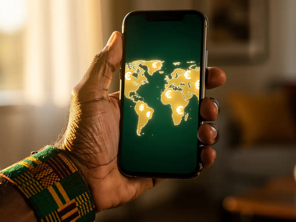 Weathered hand with kente fabric at the wrist holding a smartphone displaying a glowing world map with floating currency symbols.