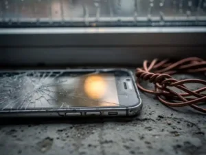 Cracked smartphone with no signal on concrete, tangled copper phone wire beside it, amber screen glow in dim overcast light.