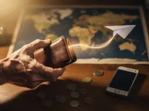 Weathered hand releasing a glowing paper airplane from a worn wallet over a world map, with scattered coins and mobile phone on a wooden desk.