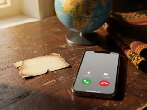 Weathered calling card beside a smartphone showing an international call, with a small globe and African textile in warm terracotta and green tones.