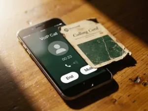 Weathered international calling card resting on a smartphone showing an active VoIP call screen on a warm wooden desk.