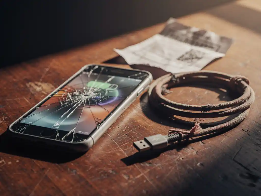 Cracked smartphone showing a failed international call notification on worn wood beside a frayed cable and crumpled receipt.