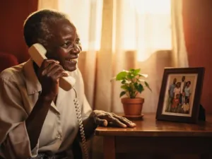 Elderly African woman answering a landline phone in a sunlit room, family photo and potted plant on wooden table beside her.