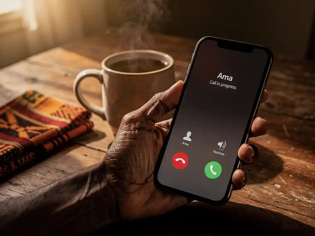 Weathered hand holding a smartphone on an active call beside a steaming mug, kente cloth nearby on a warm wooden table in golden evening light.