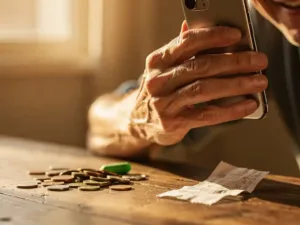 Weathered hand holding a smartphone to the ear with a warm smile, coins and crumpled receipt on a wooden table suggesting a tight budget.