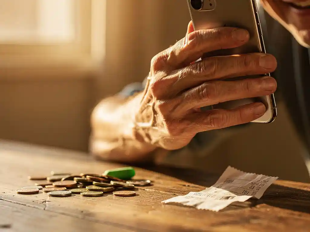 Weathered hand holding a smartphone to the ear with a warm smile, coins and crumpled receipt on a wooden table suggesting a tight budget.