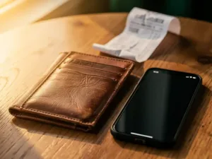 Empty weathered leather wallet open on wooden table beside smartphone, crumpled international receipt nearby in warm golden-hour light.