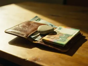 Worn leather wallet open on a sunlit wooden table with euro banknotes and colorful African currency beside a smooth river stone, warm golden-hour light.