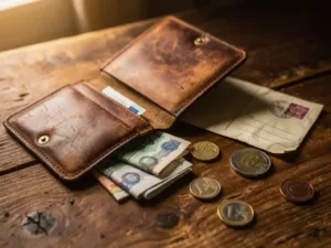Worn leather wallet open on a wooden table with euro banknotes, coins, and a handwritten overseas envelope in warm amber light.