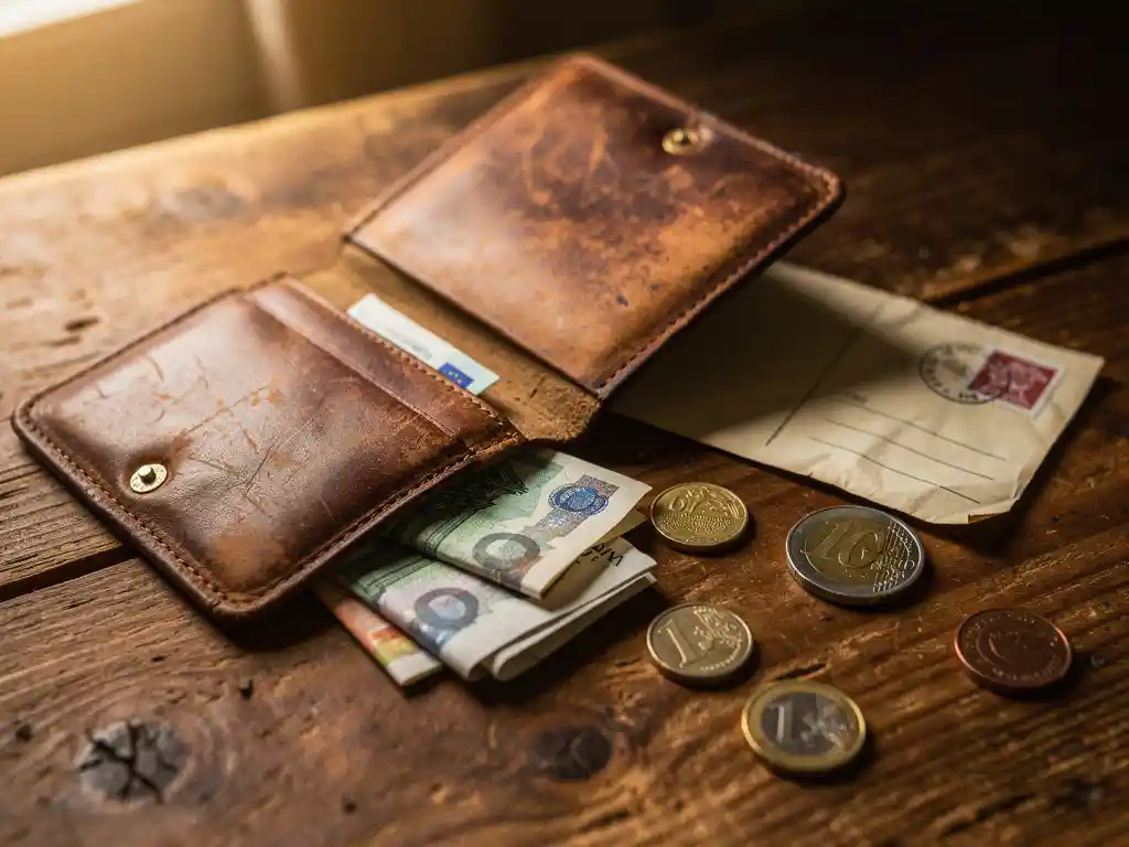 Worn leather wallet open on a wooden table with euro banknotes, coins, and a handwritten overseas envelope in warm amber light.