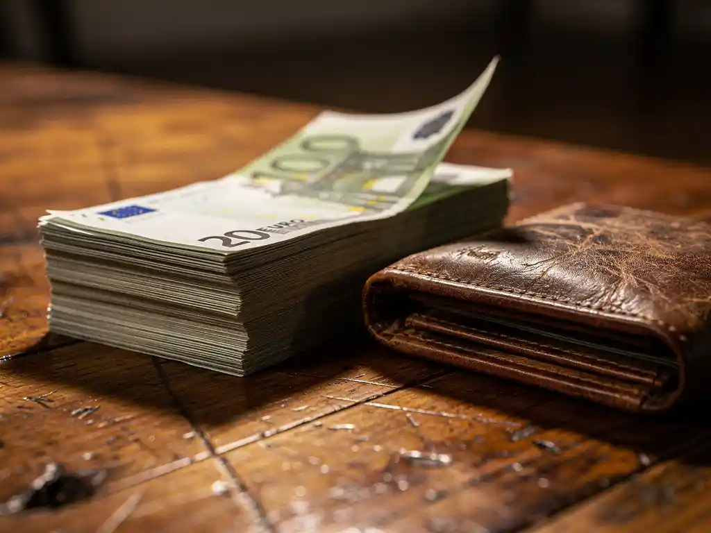 Thick stack of euro banknotes on a worn wooden table beside a weathered leather wallet, one bill slightly lifted, warm amber tones.