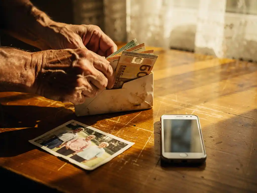 Weathered hands folding euro banknotes into a worn envelope on a wooden table, family photo and phone nearby, warm afternoon light.
