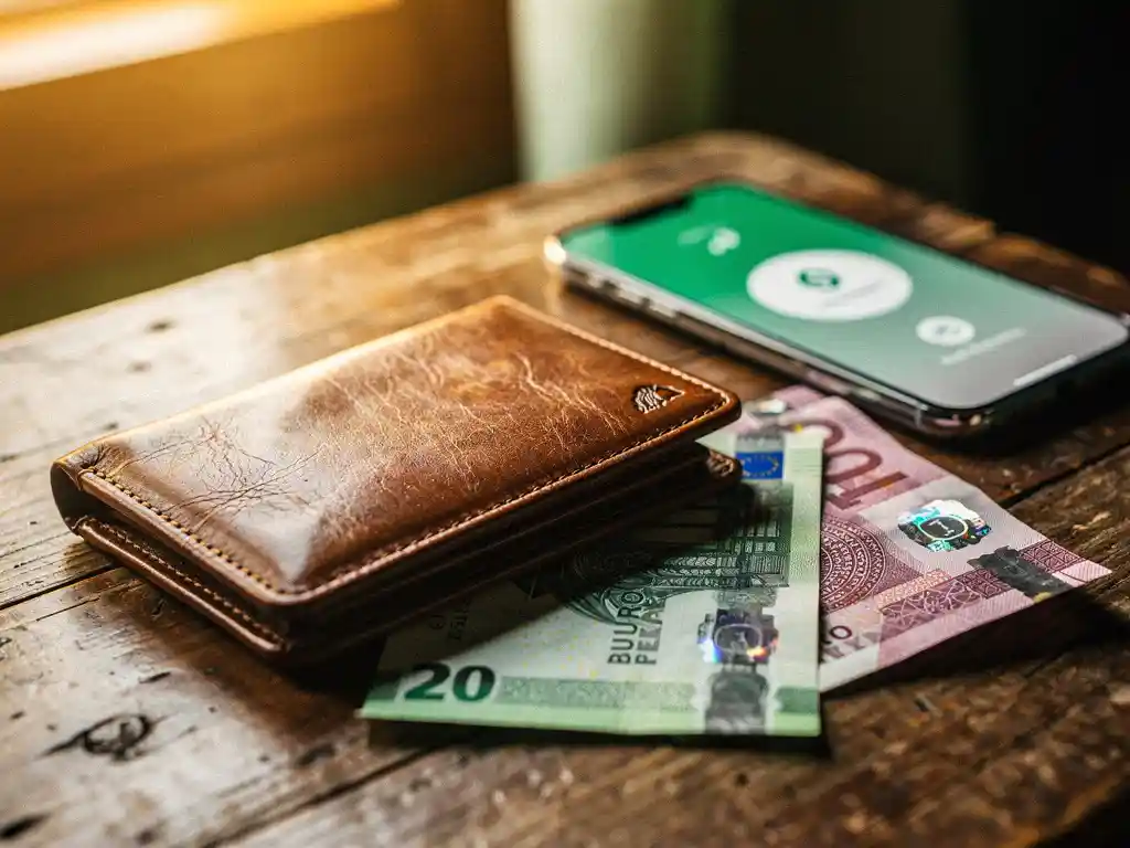 Worn leather wallet open on a wooden table beside euro and Nigerian naira banknotes, with a money transfer app on a smartphone nearby.