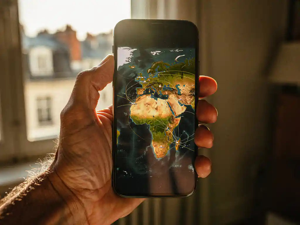 Weathered hand holding a smartphone displaying a glowing world map with connection arcs linking Europe and Africa, warm afternoon light.