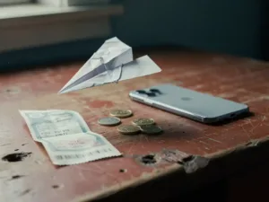 Crumpled paper airplane falling onto a worn wooden desk beside scattered coins, a faded international money transfer receipt, and a face-down smartphone.