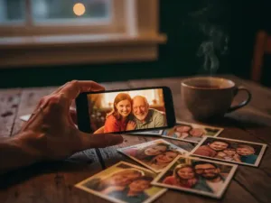 Hand holding a smartphone on a weathered wooden table, family photos and steaming tea nearby, warm evening light evoking long-distance connection.