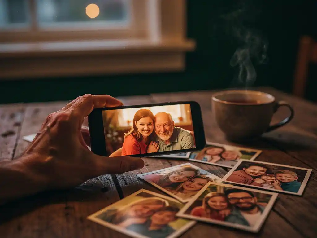 Hand holding a smartphone on a weathered wooden table, family photos and steaming tea nearby, warm evening light evoking long-distance connection.