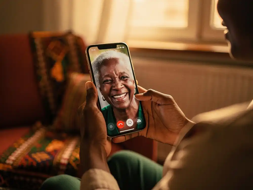 Woman's hands holding smartphone during video call with smiling elder relative, cozy apartment with African textile accents in warm golden evening light.