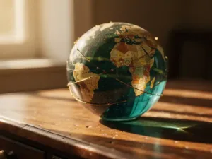 Weathered glass globe on a wooden desk with golden thread connecting continents, bathed in warm afternoon light.