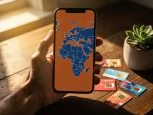 Weathered hand holding a smartphone displaying a glowing world map with Africa and Europe highlighted, surrounded by international SIM cards on a wooden desk.
