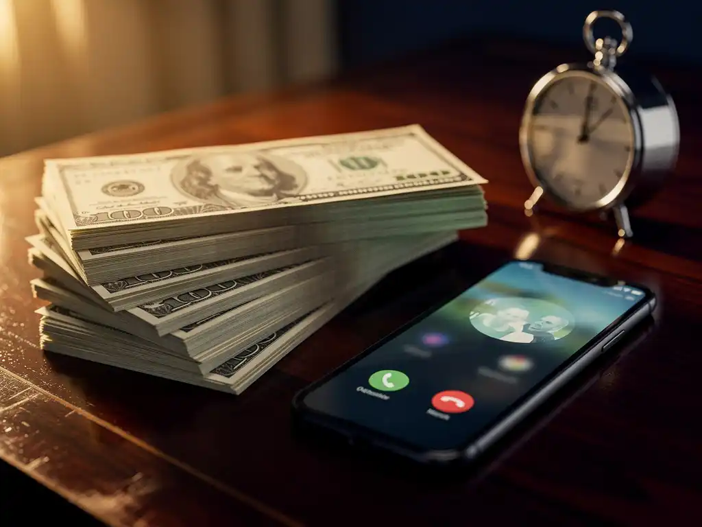 Stack of hundred-dollar bills fanned on a mahogany desk beside a smartphone showing an international call and a small analog clock.