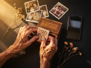 Weathered hands placing folded euro banknotes into a wooden box beside family photos, dried flowers, and a smartphone on a dark surface.