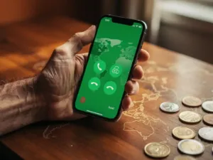 Weathered hand holding a smartphone with a glowing green call screen over a wooden desk etched with a world map and scattered foreign coins.