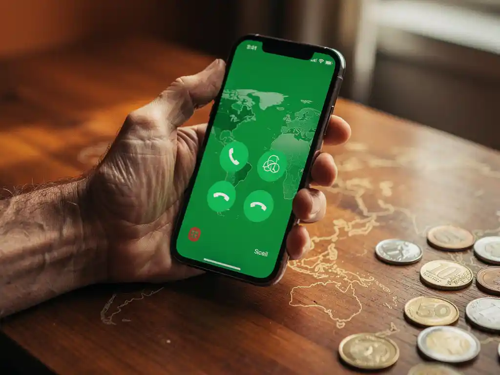 Weathered hand holding a smartphone with a glowing green call screen over a wooden desk etched with a world map and scattered foreign coins.