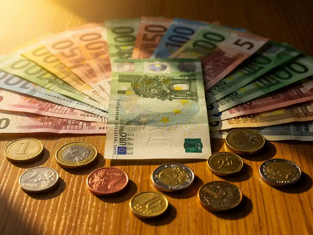Colorful international banknotes and coins fanned out on a wooden surface, with a euro note centered in warm golden light.