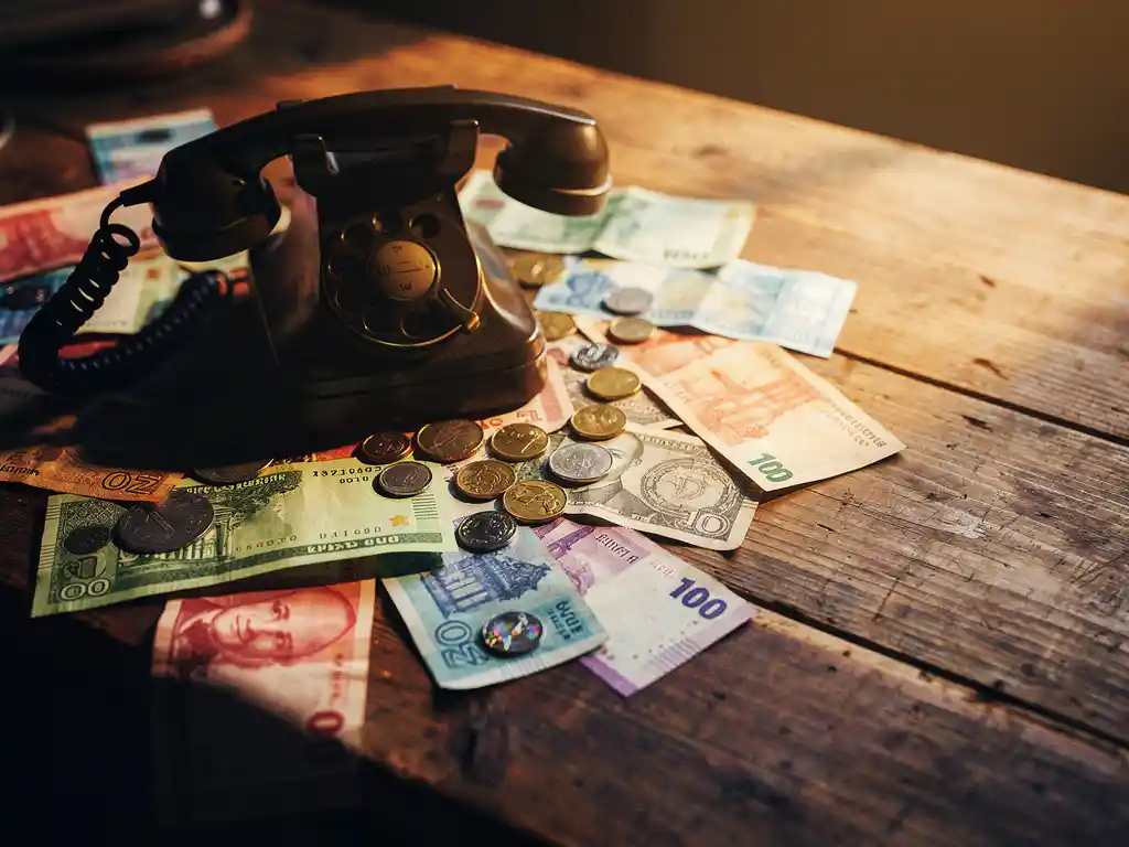 Weathered wooden desk scattered with colorful international currency notes, coins, and a classic telephone handset in warm afternoon light.
