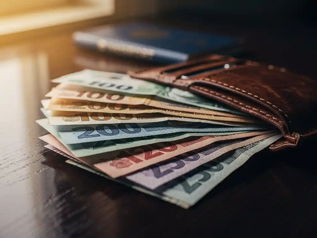 Fanned international currency notes on a leather travel wallet beside a passport, warm golden light on a wooden surface.