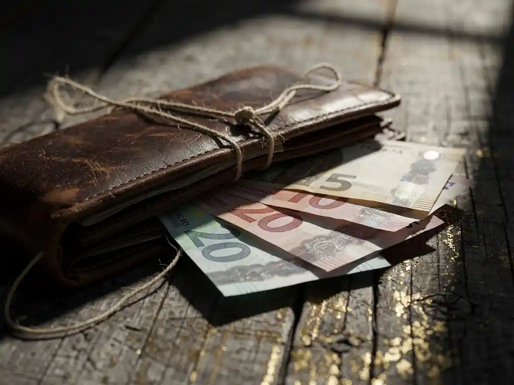 Worn leather wallet open on weathered wood with international banknotes spilling out, tied with a knotted string in muted earth tones.