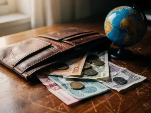 Worn leather wallet open on a wooden desk with mixed international banknotes, coins, and a small globe in warm ambient light.