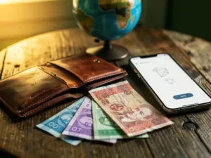 Open leather wallet with international banknotes beside a smartphone showing a money transfer app, soft golden light on a wooden surface.