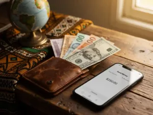 Weathered leather wallet open on a wooden desk with mixed currency banknotes, smartphone showing money transfer app, small globe, and African textile fabric.