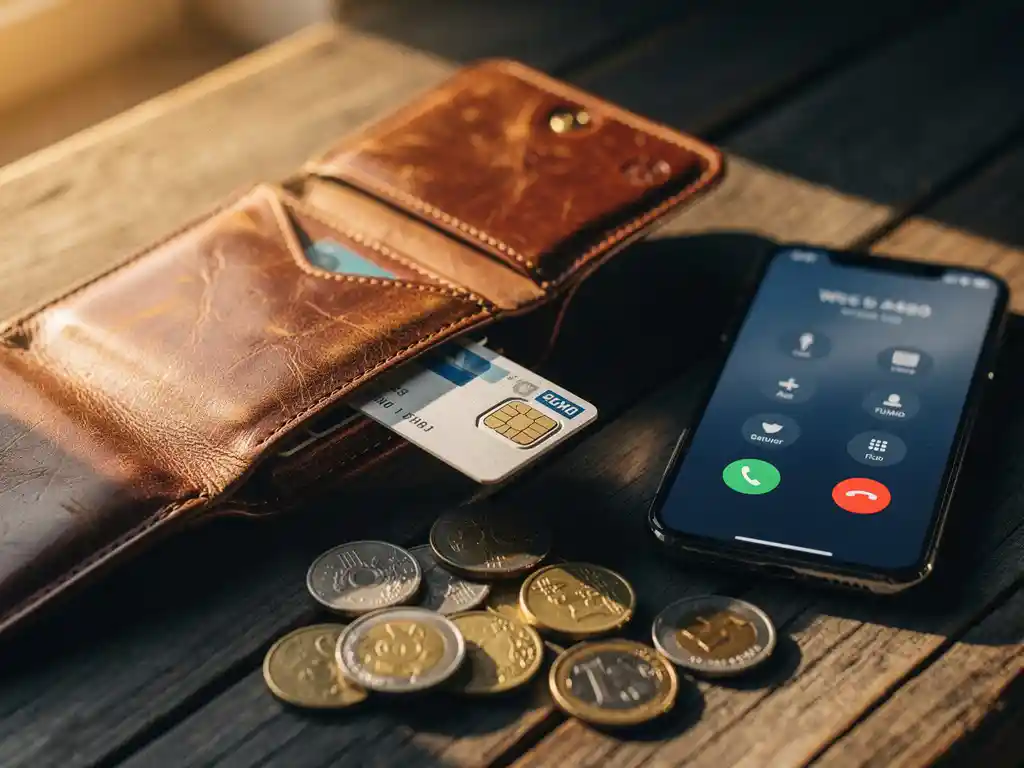 Worn leather wallet open on wood surface with international SIM card, foreign coins, and smartphone showing active call screen nearby.