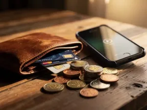 Worn leather wallet open on wood surface with international SIM cards, foreign coins, and a smartphone mid-call in warm golden light.