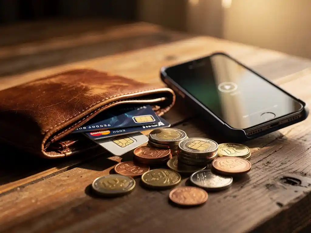 Worn leather wallet open on wood surface with international SIM cards, foreign coins, and a smartphone mid-call in warm golden light.
