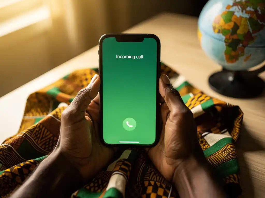 Hands holding an iPhone with a green call screen over African kente fabric and a small globe on a warm wooden surface.