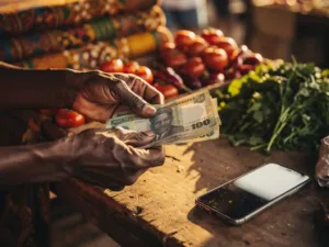 Weathered hands exchanging naira banknotes at a sunlit Lagos open-air market stall, with colorful fabric and produce softly blurred behind.