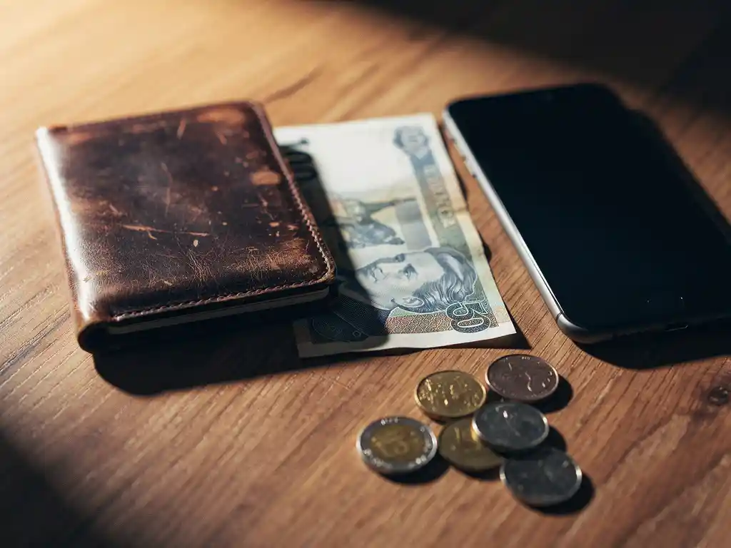 Worn leather passport beside foreign banknote, coins, and smartphone on oak desk in warm afternoon light.