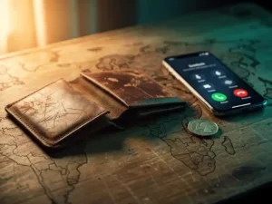 Worn leather wallet open beside a single coin and smartphone showing an international call, on a wooden table with faint Africa-Europe map engravings.